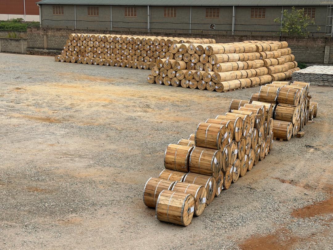 Cable reel stacks stored in a Klan Logistics yard