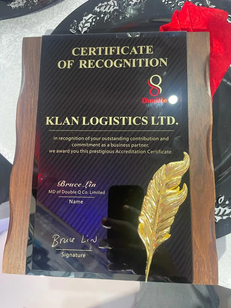Certificate of recognition awarded to Klan Logistics