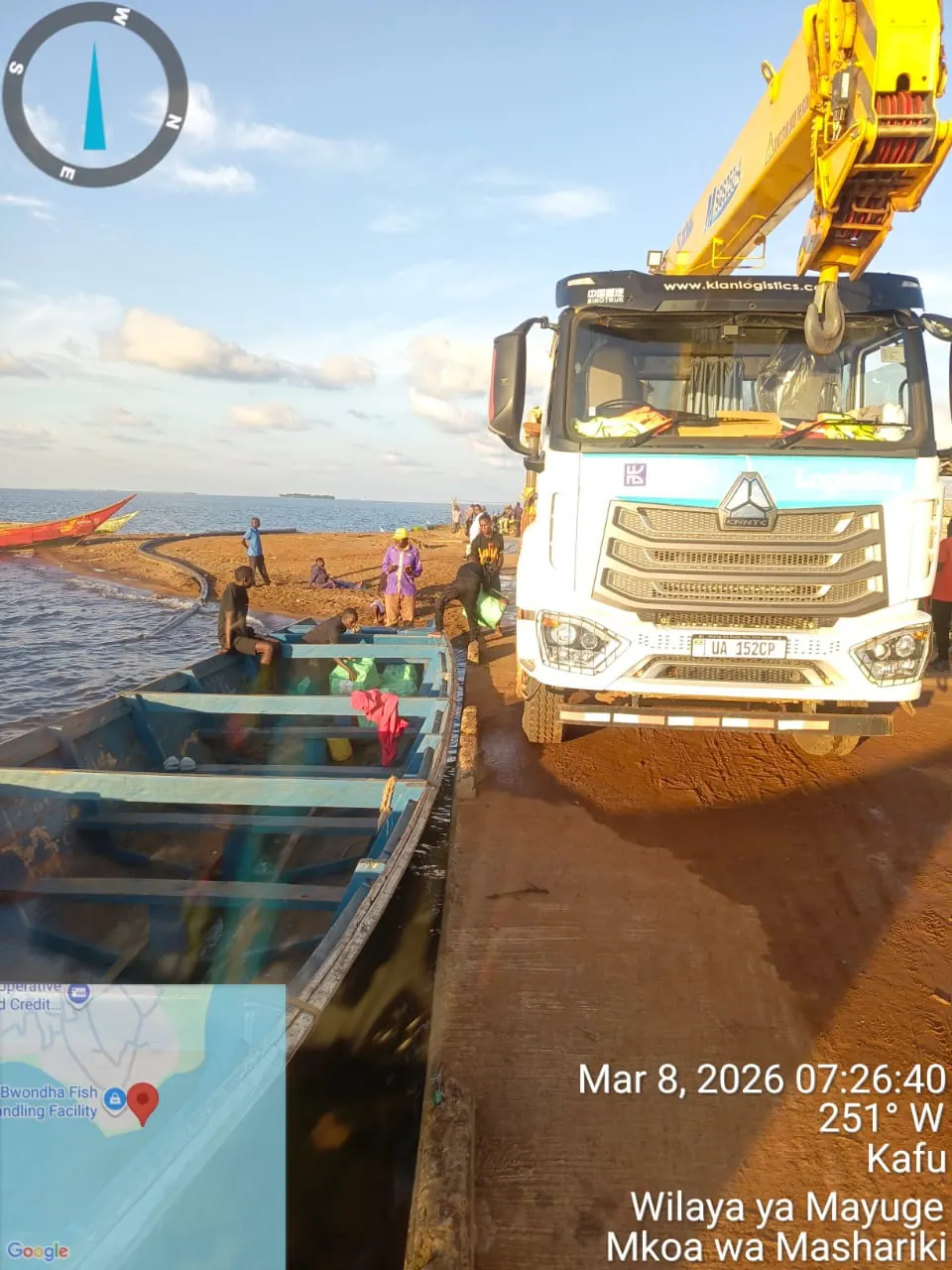 Klan Logistics truck transferring goods onto a boat for last-mile delivery in Mayuge