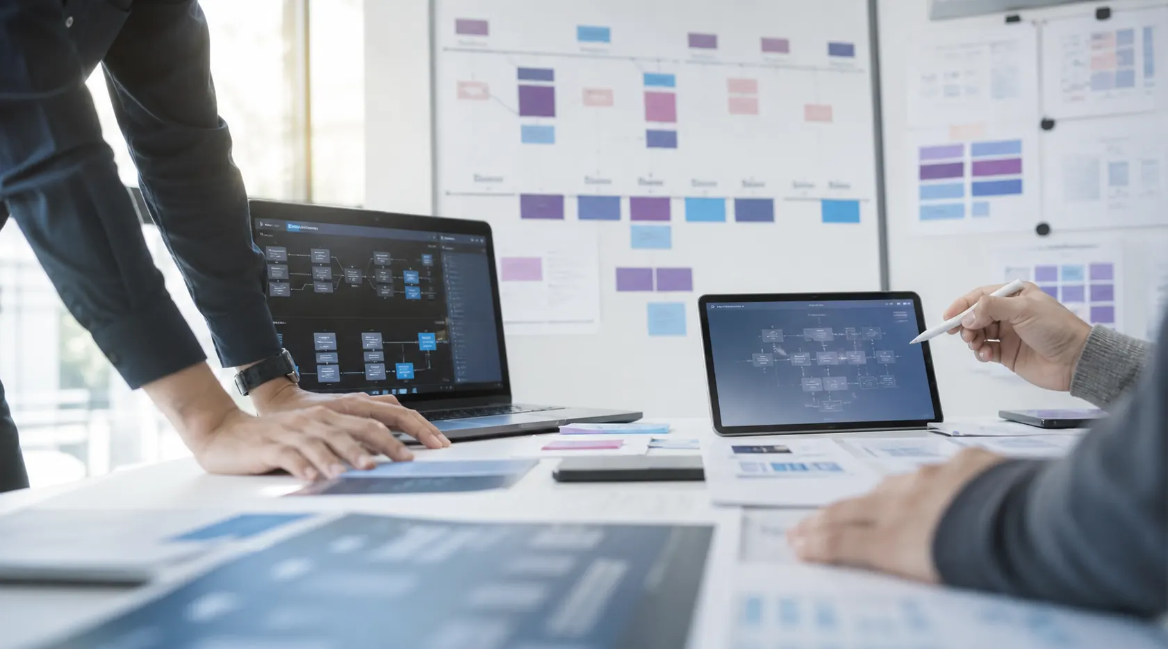 Software project management and consultancy planning session with technology roadmaps